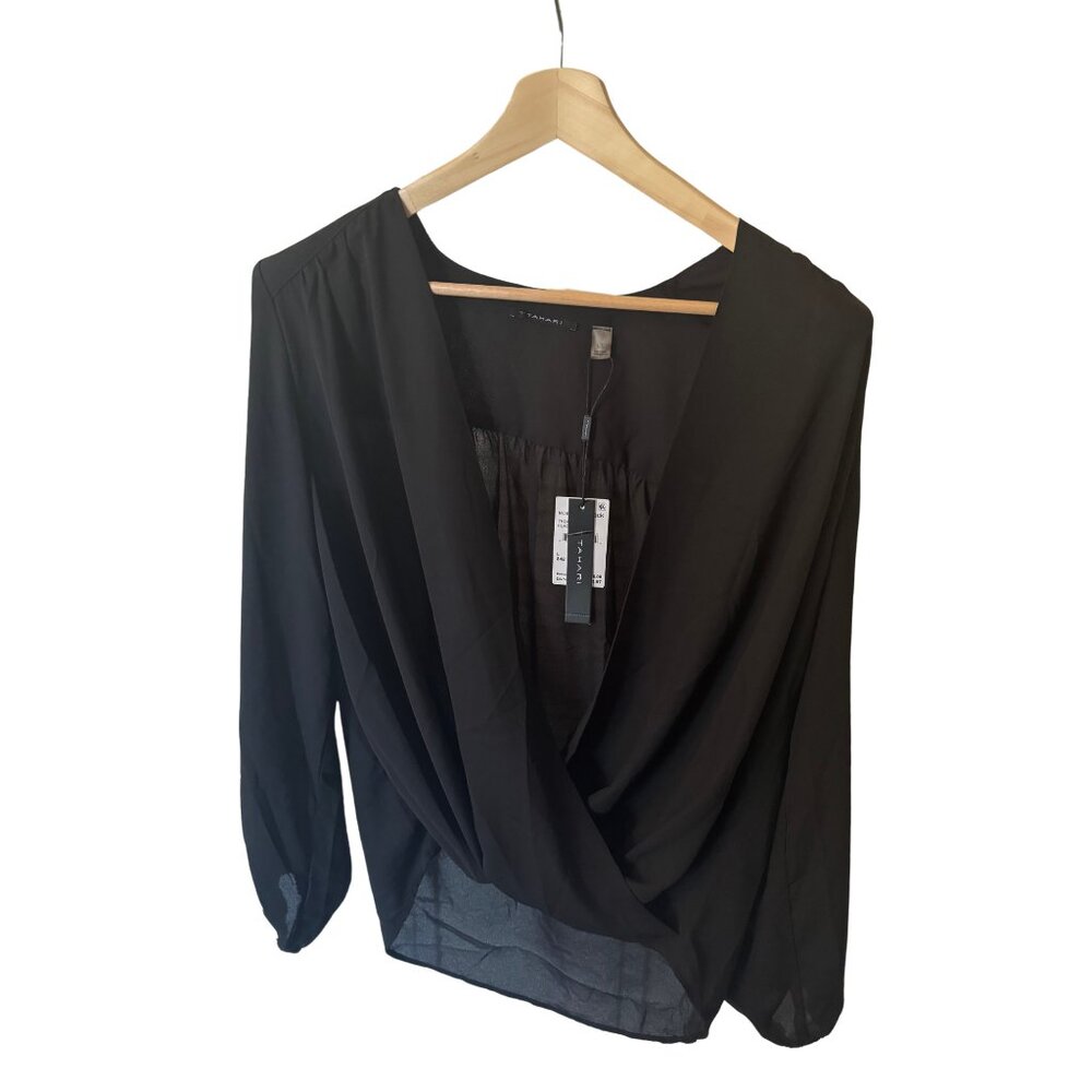 Tahari Black Plunging V Long Sleeve Chiffon Blouse - NWT - Size L
